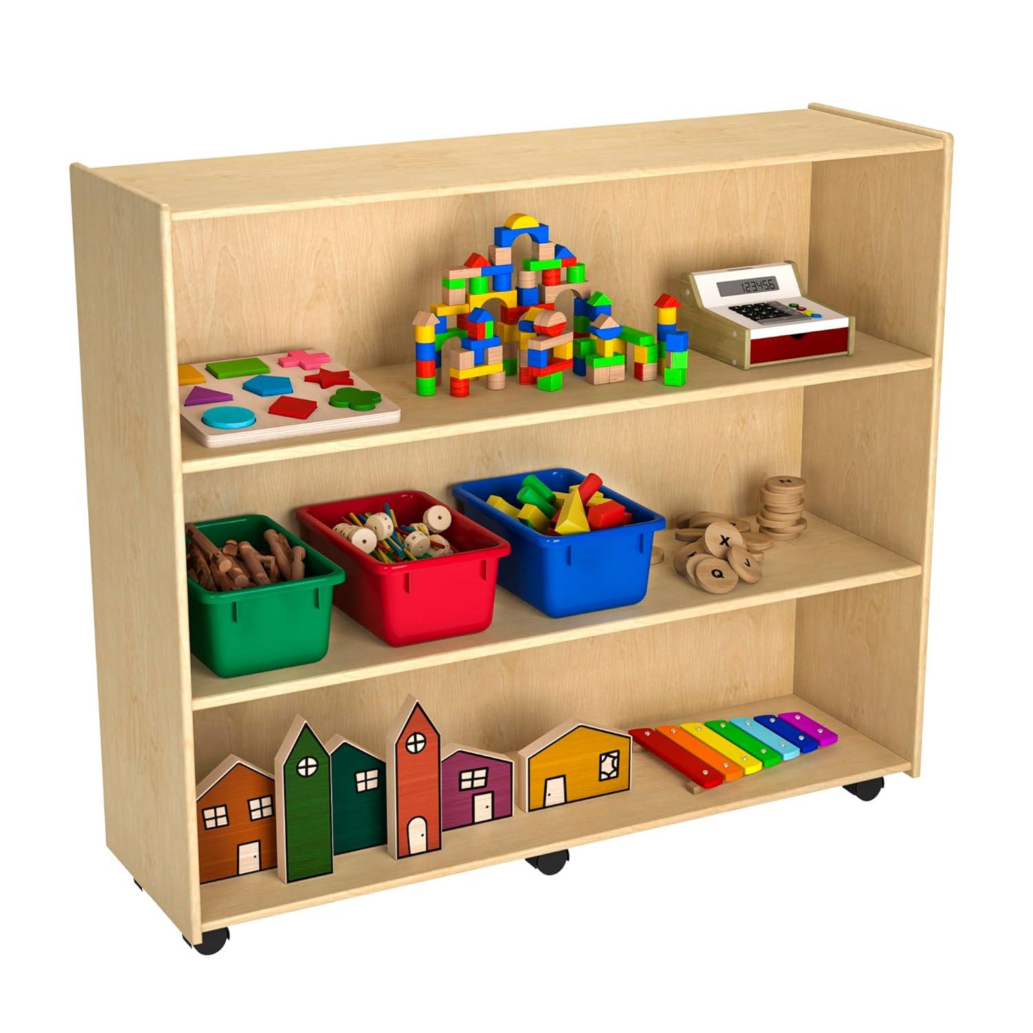 Childcraft Mobile Open Shelving Unit for Classrooms, 3-Shelf Wooden Book and Toy Organizer Bookcase, 47-3/4 x 14-1/4 x 42 Inches