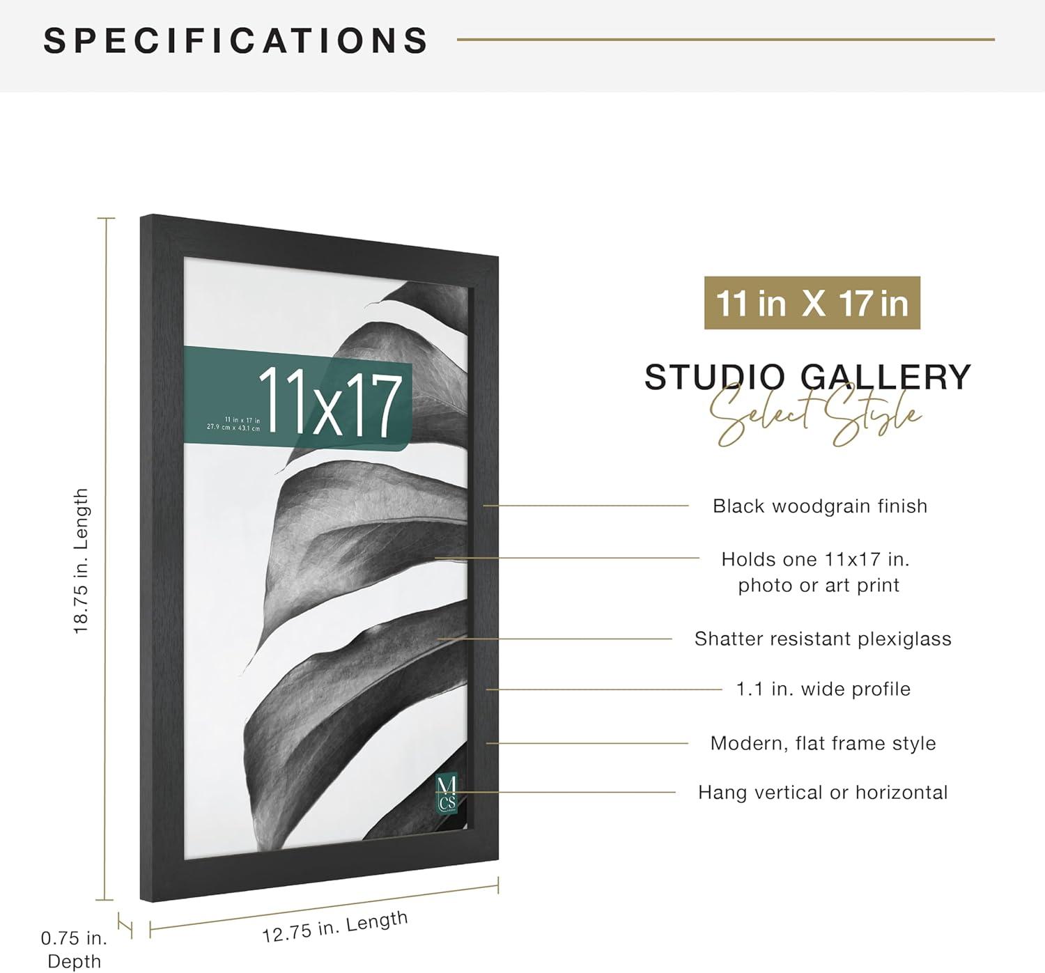 MCS Studio Gallery 11x17 Picture Frame Black Woodgrain, Rectangle Photo Frame for Photos, Posters & Art Prints (1-Pack)