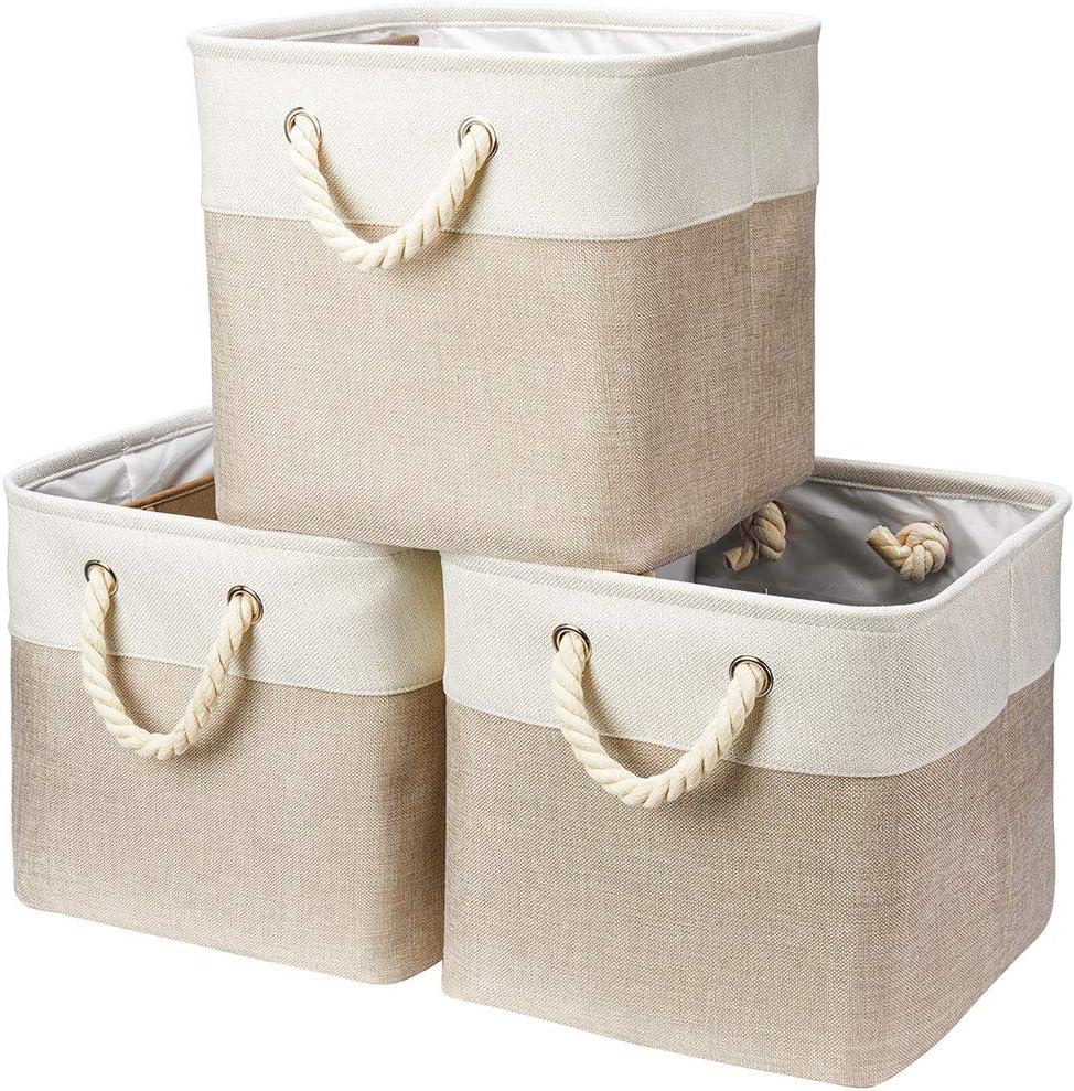 Beige and Off-White Fabric Storage Bins with Cotton Rope Handles, 13x13x13, Set of 3