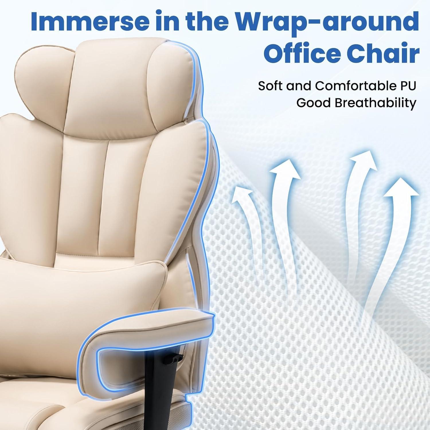 Hoffree Big and Tall Office Chair 450lbs, Executive Computer Desk Chair with Massage Ergonomic  Leather Chair with Footrest Reclining Desk Office Chair with Lumbar Support for Home Office