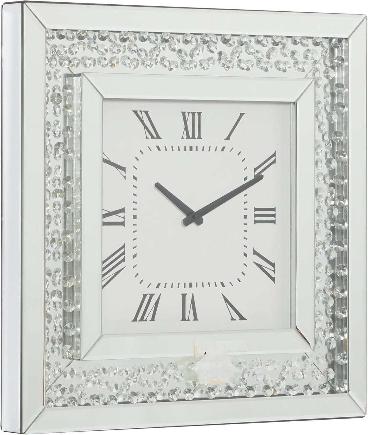 Wood Mirrored Wall Clock with Floating Crystals Silver - Olivia & May: Silent, Art Deco Style, Square Shape