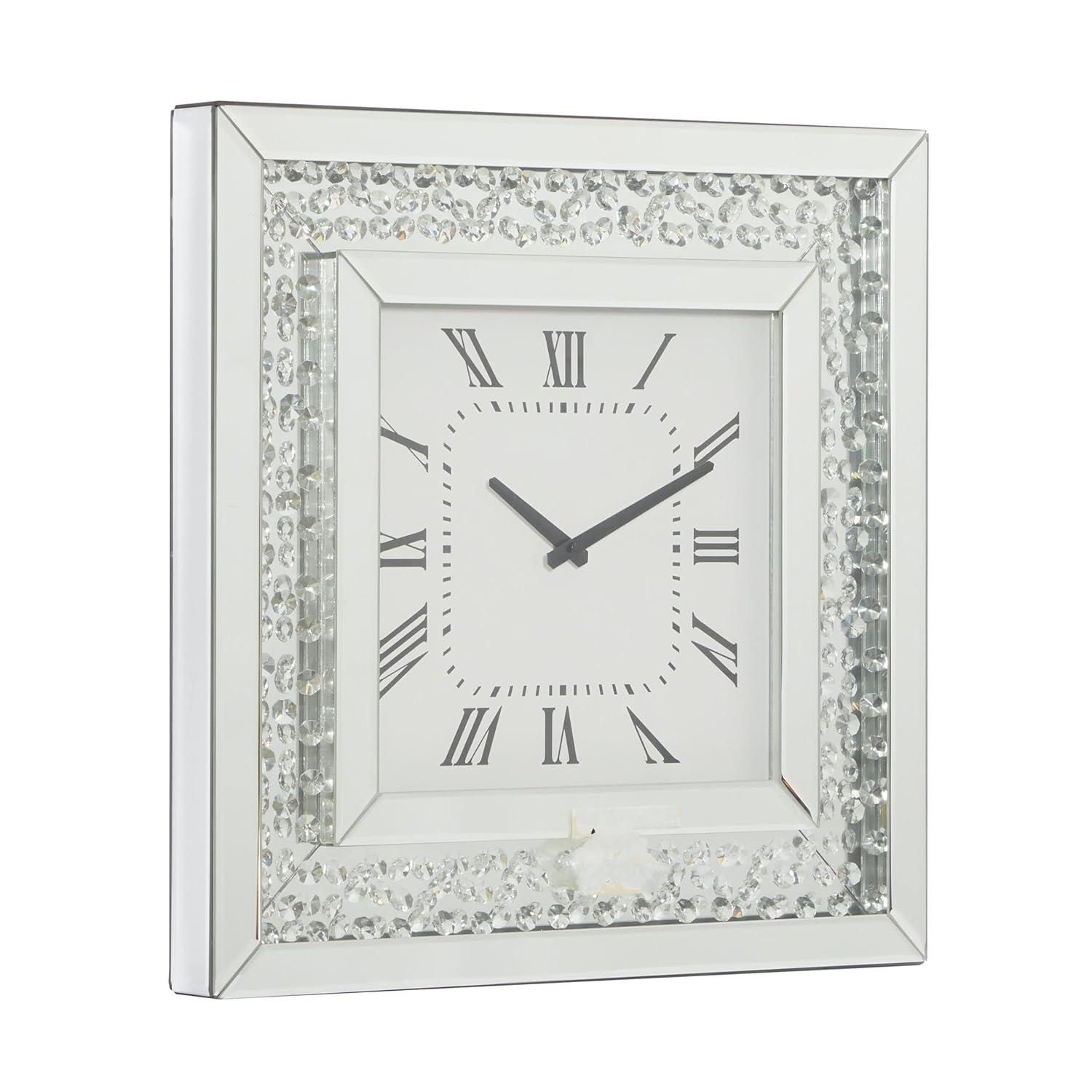 Wood Mirrored Wall Clock with Floating Crystals Silver - Olivia & May: Silent, Art Deco Style, Square Shape