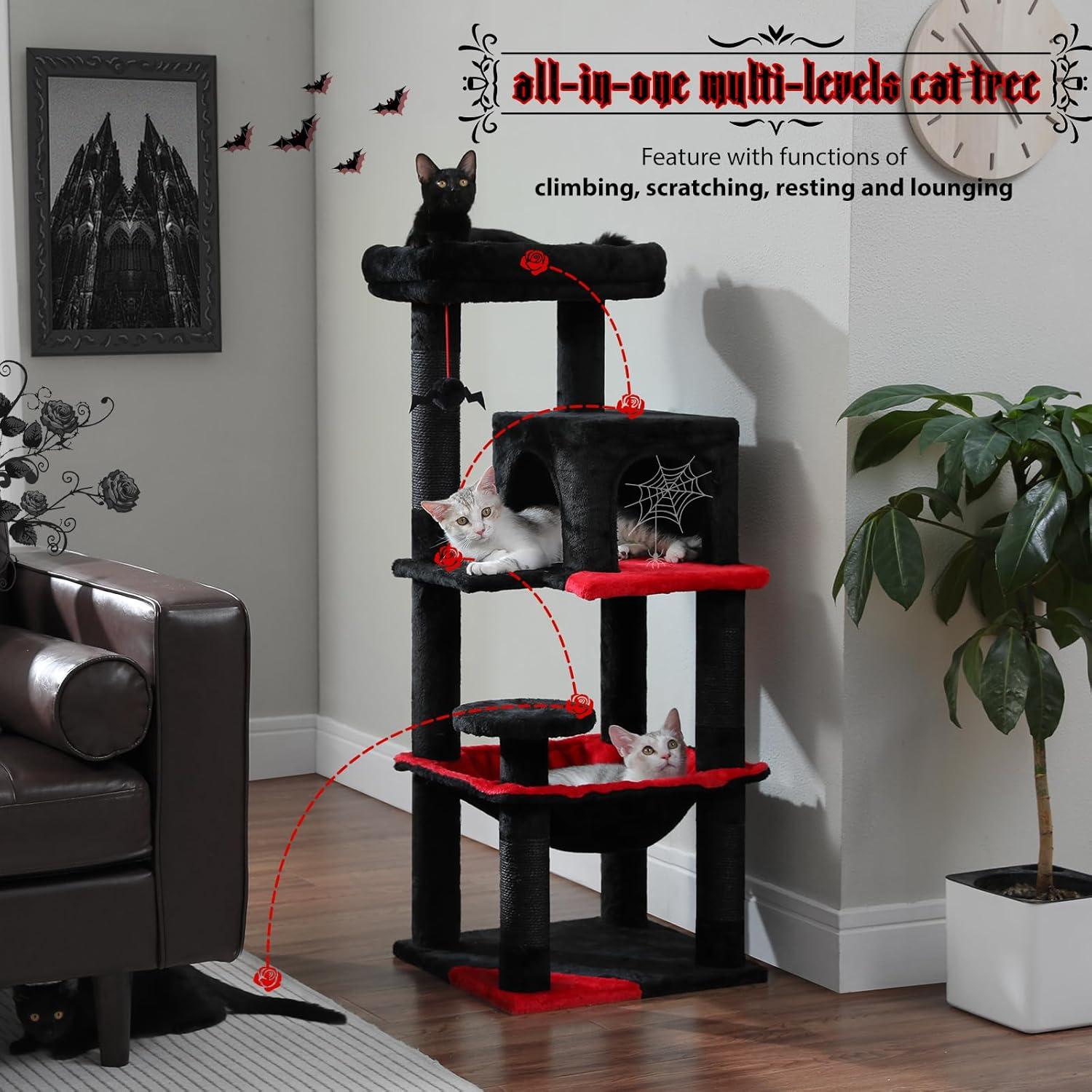 Gothic Cat Tree With Super Large Hammock, Cat Tower With Coffin Bed, Cat Condo, Sisal Scratching Posts & Top Perch, Multi-Level Goth Cat Tree, Halloween