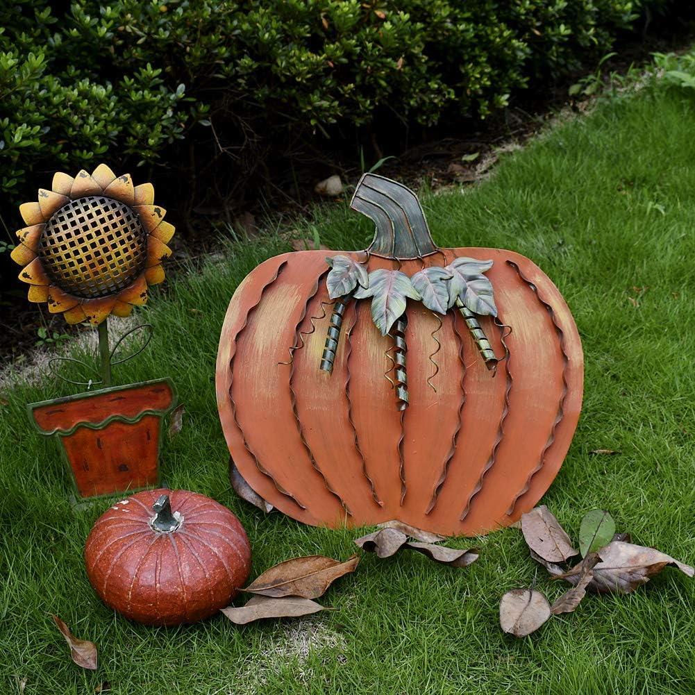 18" Orange Metal Pumpkin Decor with Leaves and Spirals