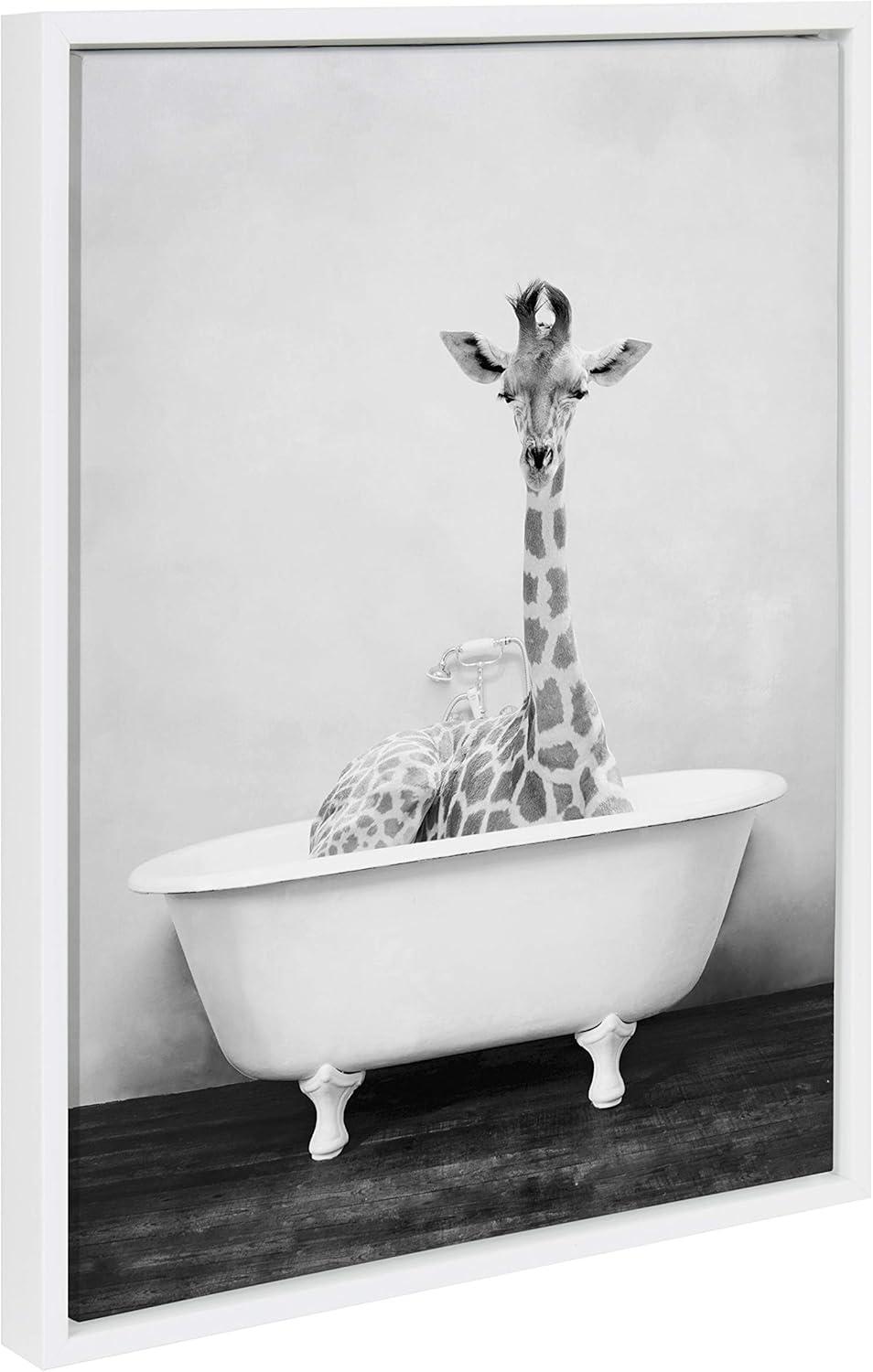 Whimsical Giraffe in Tub Framed Canvas Wall Art