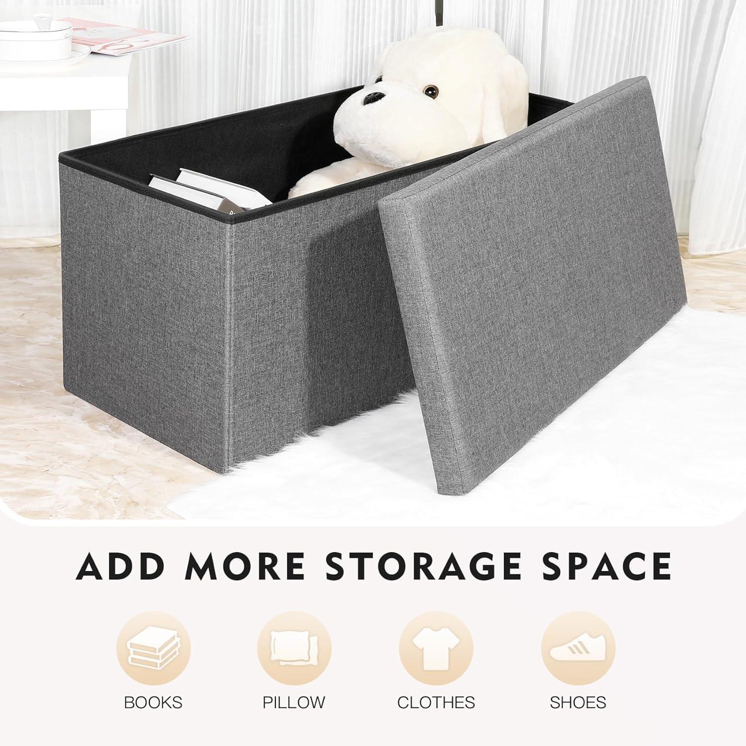 Folding Storage Ottoman Bench, Grey Storage Ottoman with Lid Tray, 30 inches Ottoman Coffee Table Cube Chair Foot Rest Stool Storage Toy Chest for Living Room Bedroom, Holds up to 550 lb