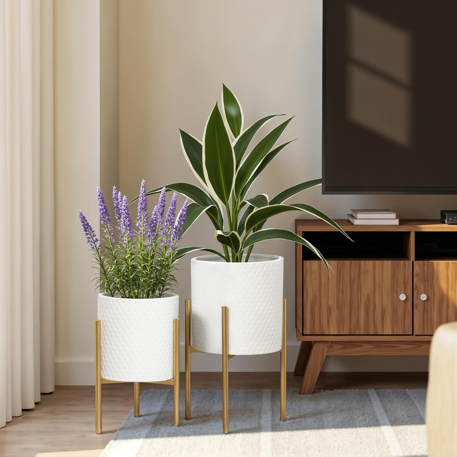 Planters for Indoor Plants, Set of 2 Indoor Plant Pots, White Planter with Gold Metal Stand, Luxury Flower Pots for Indoor Plants, Large Floor Plant Pot for Indoor Plants, NOT Waterproof
