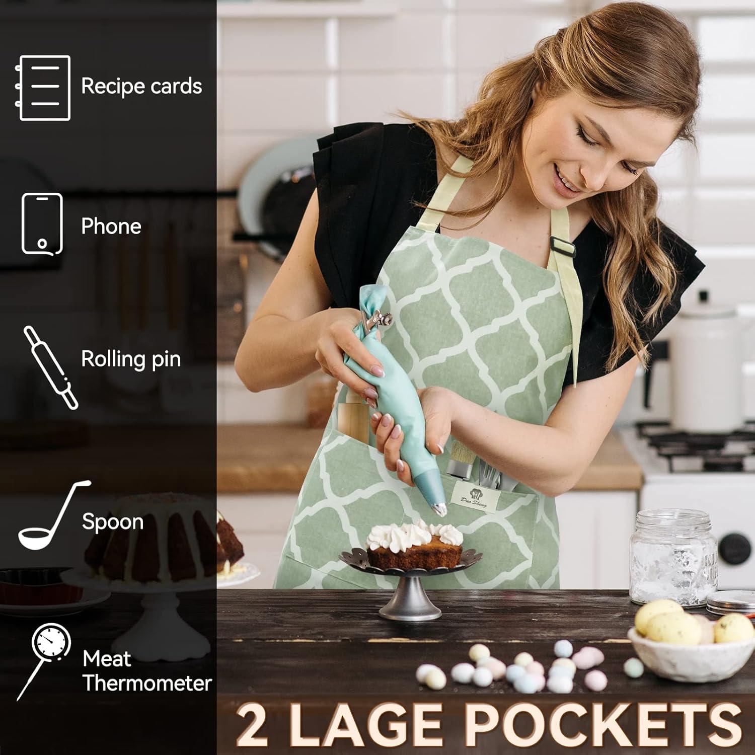 2 Pieces Aprons for Women with Pockets, Cotton Linen Waterproof Kitchen Cooking Aprons, Chef Apronfor Men Women with Adjustable Neck Strap and Long Ties(Grey/Green)