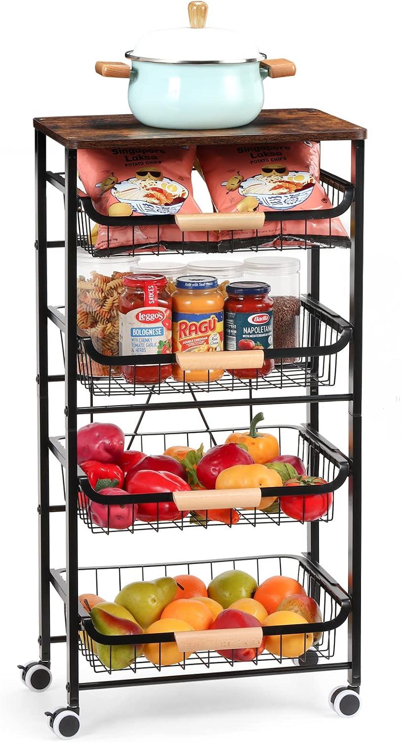 Fruit Basket, 5-Tier Utility Kitchen Organizer and Storage Cart with Pull-Out Baskets and Wood Top, Rolling Pantry Kitchen Cart on Wheels for Fruit Potato Onion Vegetable Snack Produce