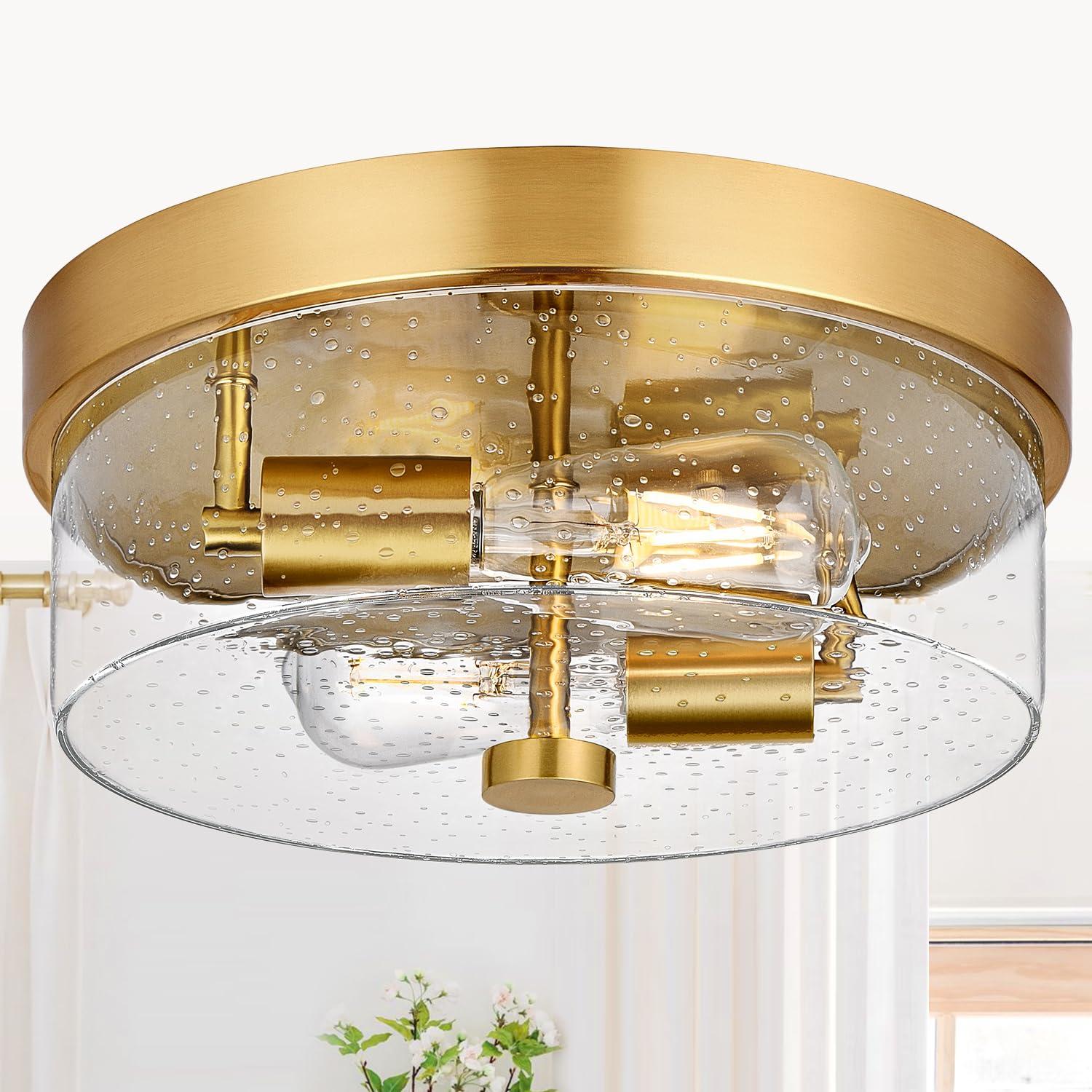 Flush Mount Ceiling Light Fixtures, 2-Light Brass Ceiling Mount for Farmhouse with Seeded Glass Lampshade, Industrial Hall Flush Mount Light Fixture for Hallway, Kitchen, Entryway, Bedroom and Foyer