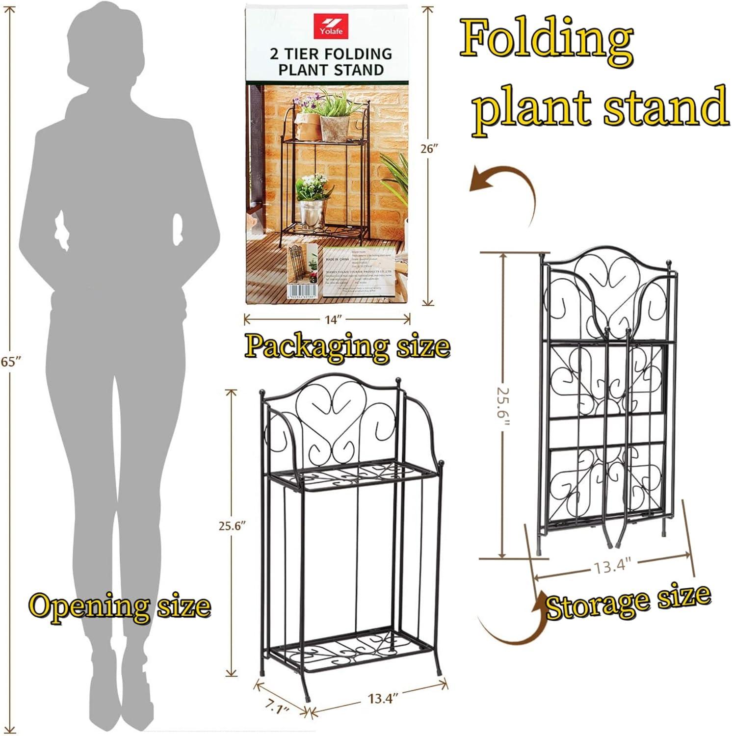 Yolafe Foldable 2 Tier Metal Plant Stand Scrollwork Design Indoor and Outdoor Flower Rack Pot Shelf Home Storage Organizer Shelf, Black