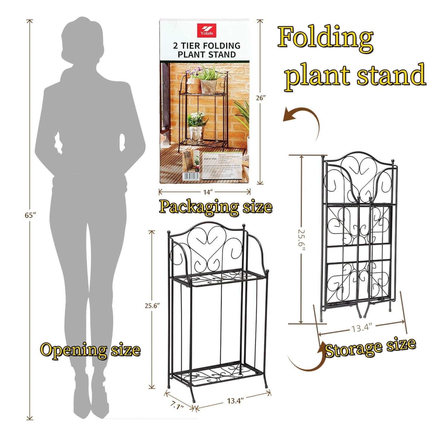 Yolafe Foldable 2 Tier Metal Plant Stand Scrollwork Design Indoor and Outdoor Flower Rack Pot Shelf Home Storage Organizer Shelf, Black