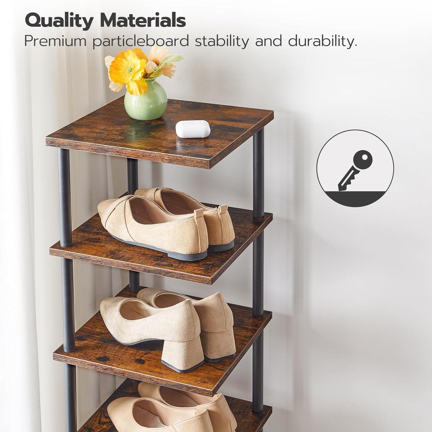 8 Tiers Vertical Shoe Rack, Wooden Shoe Storage Organizer with Hooks, Narrow Shoe Tower for 8 Pairs, Space Saving, for Entryway, Living Room, Bedroom, Rustic Brown BF07XJ01G1