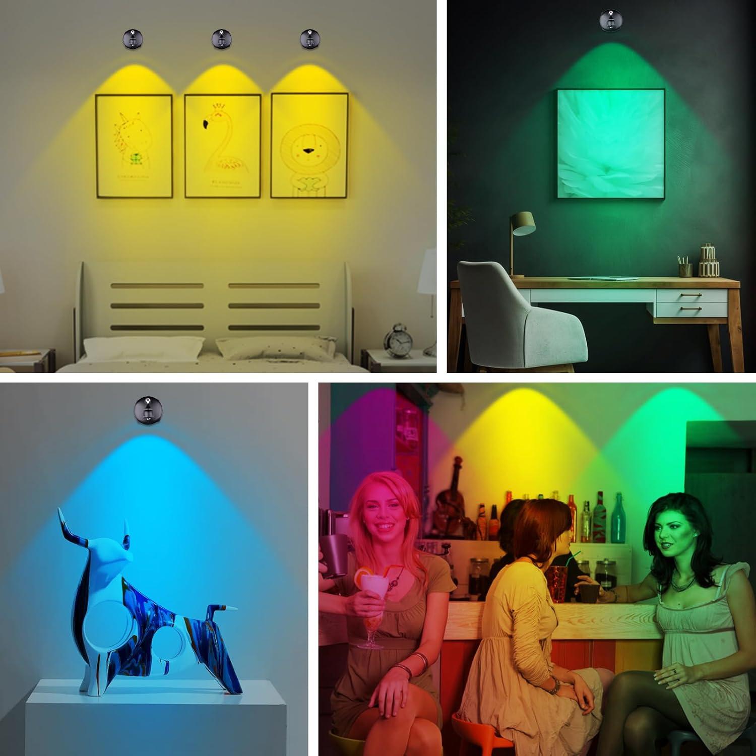 LED Spot Light Indoor, Battery Operated Led Light Stick Up Lights with Remote, Mini Spotlight Dimmable Accent Lights for Lighting up Paintings Pictures(RGB 2 Pack)