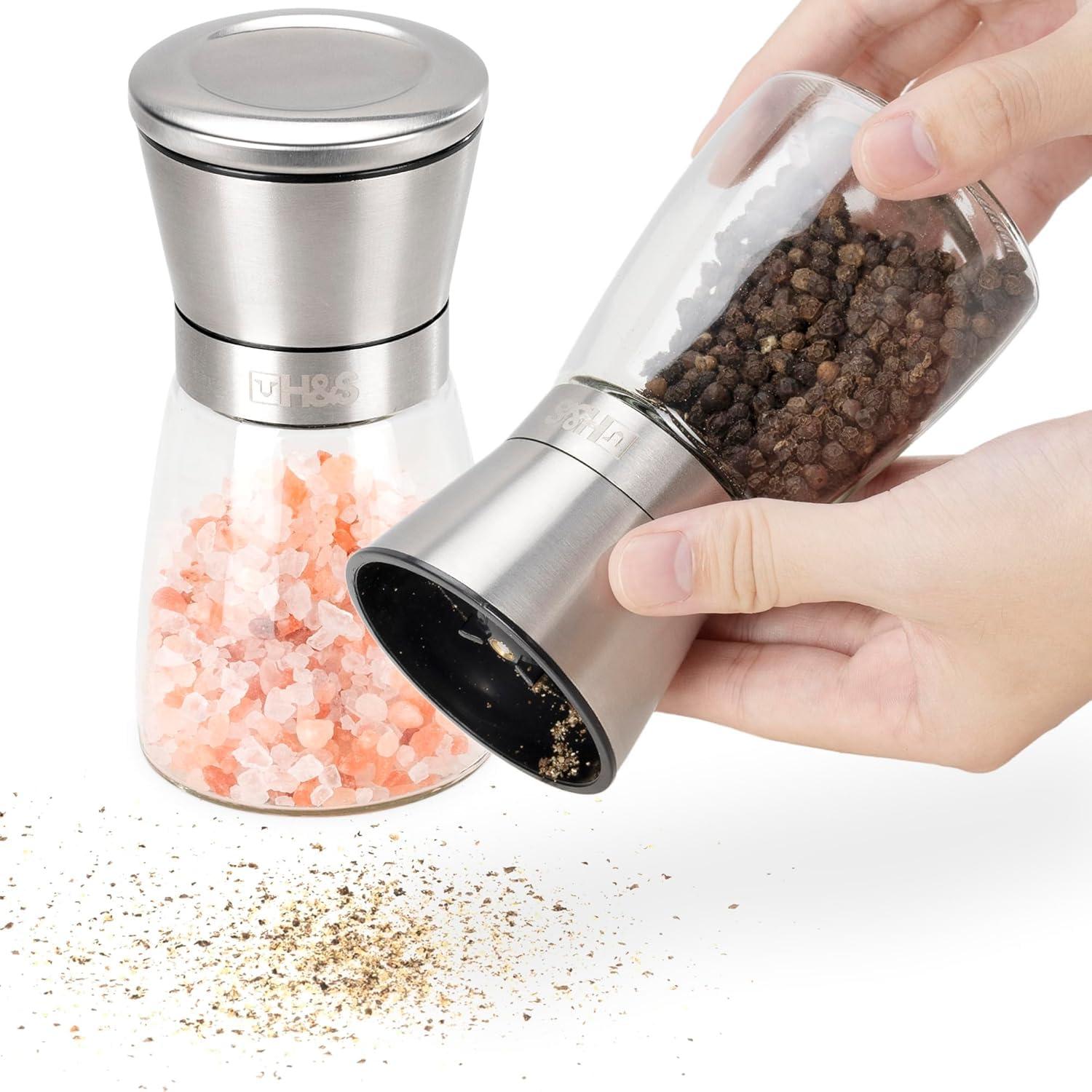 H&S Salt And Pepper Grinder Set - Manual Mill Grinders For Kitchen - Glass And Stainless Steel Spice Mills With Adjustable Coarseness - Easy To Use And Fill - Large Capacity - Kitchen Gadgets