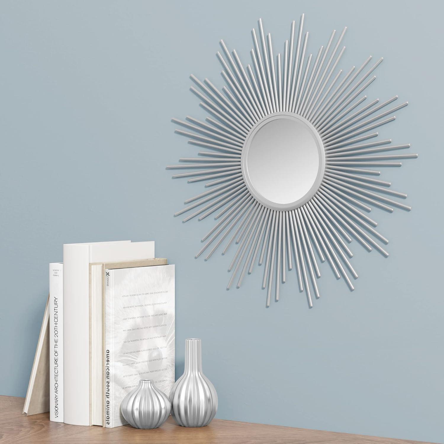 Glamorous Silver and Gold Sunburst Round Wood Wall Mirror