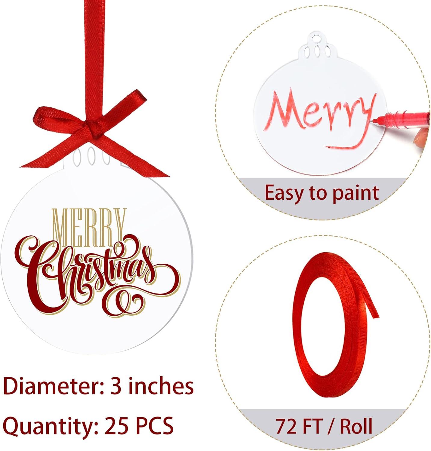 Clear Round Acrylic Christmas Ornaments Clear Blank Acrylic Disc Circle Red Ribbon with Hole DIY Crafts Acrylic Ornament for Xmas Tree Party Painting Hanging Decoration Supplies(3 Inch, 25 Pieces)