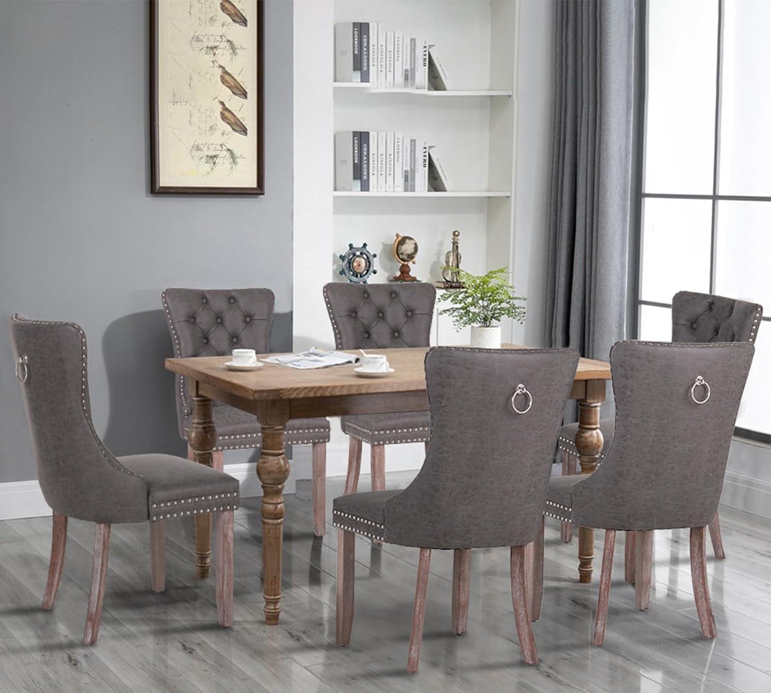 Modern Dining Chairs with Armrest Set of 6, Tufted Upholstered Dining Chairs with Nailhead Trim&Solid Wood Legs, Fabric Dining Room Chairs, Classic Accent Chair for Living Room, Bedroom, Gray, W15176