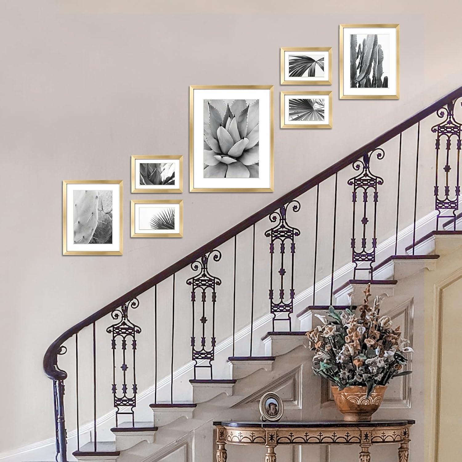 ArtbyHannah 7 Pack Gold Gallery Wall Picture Frames Sets with Decorative Botanical Art Prints for Photo Frame Collages for Home Decoration, Multiple Sizes 11x14x1, 8x10x2, 5x7x4