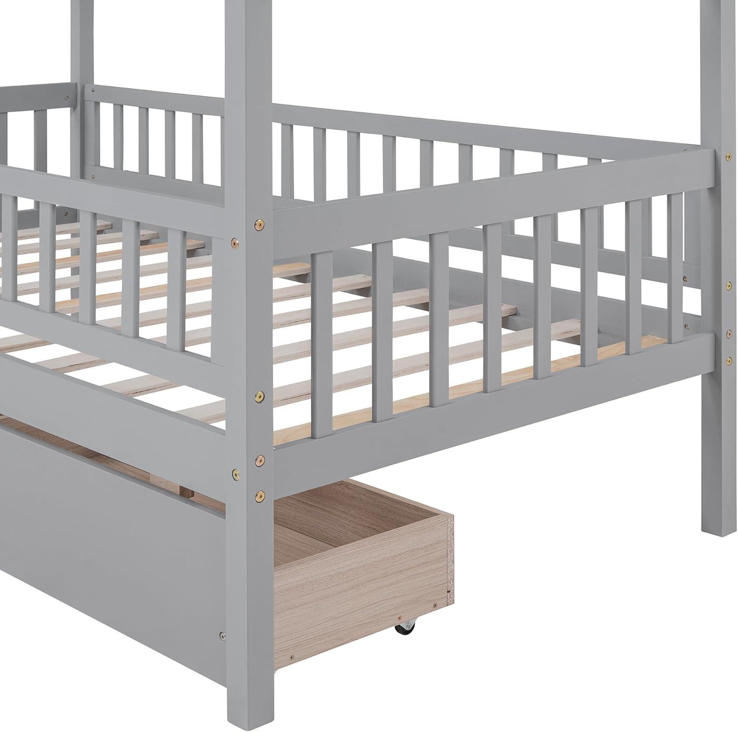 Twin House Bed with 2 Storage Drawers, Kids Twin Bed Frame with Rails and Roof, Tent Bed, Wooden Twin Daybed, Twin Montessori Bed for Kids Teens Girls & Boys, No Box Spring Needed (Gray)
