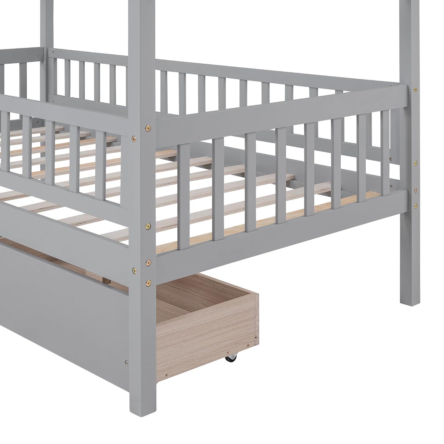 Twin House Bed with 2 Storage Drawers, Kids Twin Bed Frame with Rails and Roof, Tent Bed, Wooden Twin Daybed, Twin Montessori Bed for Kids Teens Girls & Boys, No Box Spring Needed (Gray)