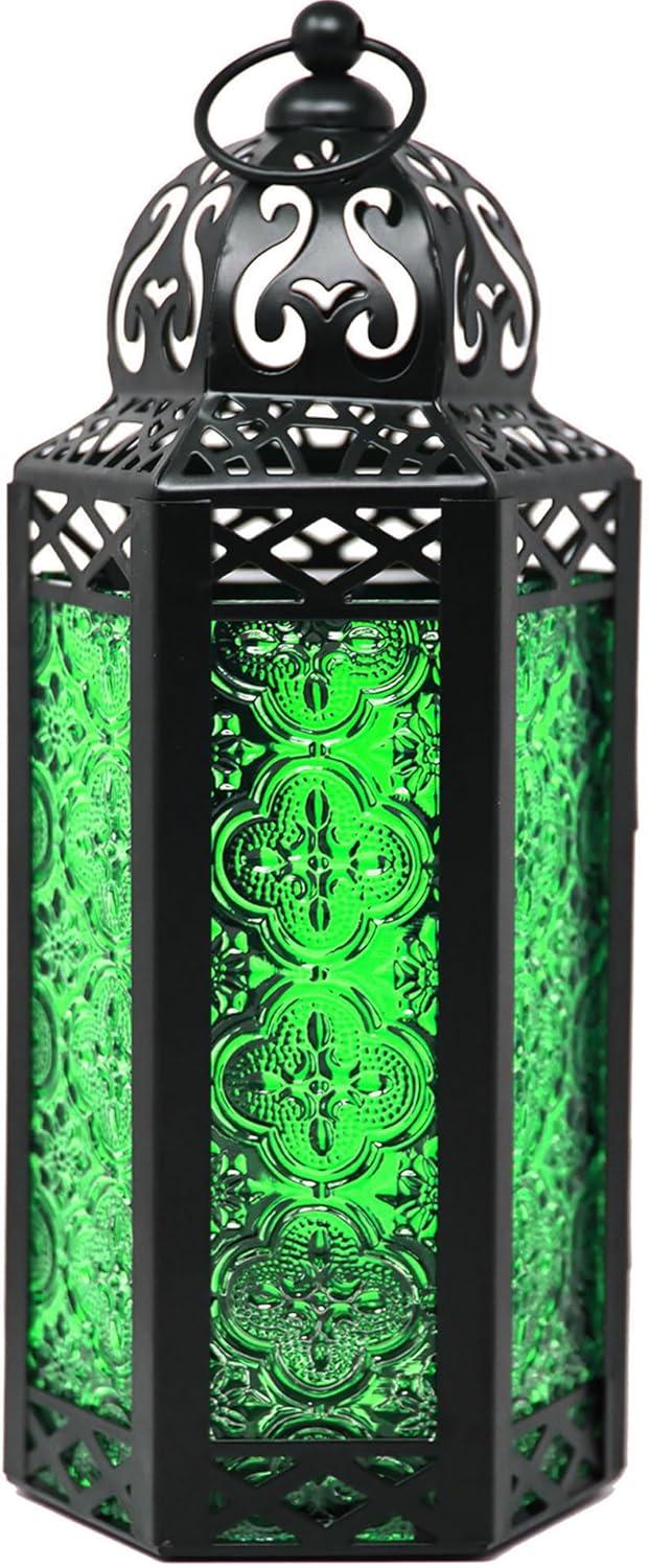 10.5" Medium Moroccan Lantern Candle Holder – Black with Green Glass, Metal Decorative Lamp for Indoor/Outdoor Patio or Porch Use, Home Decor, Ramadan, Weddings