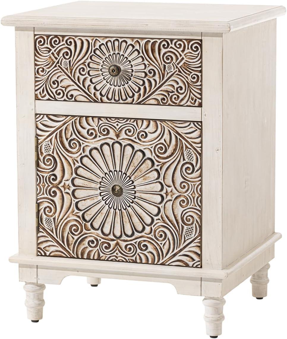 Light Gray Floral Carved MDF Nightstand with Drawer