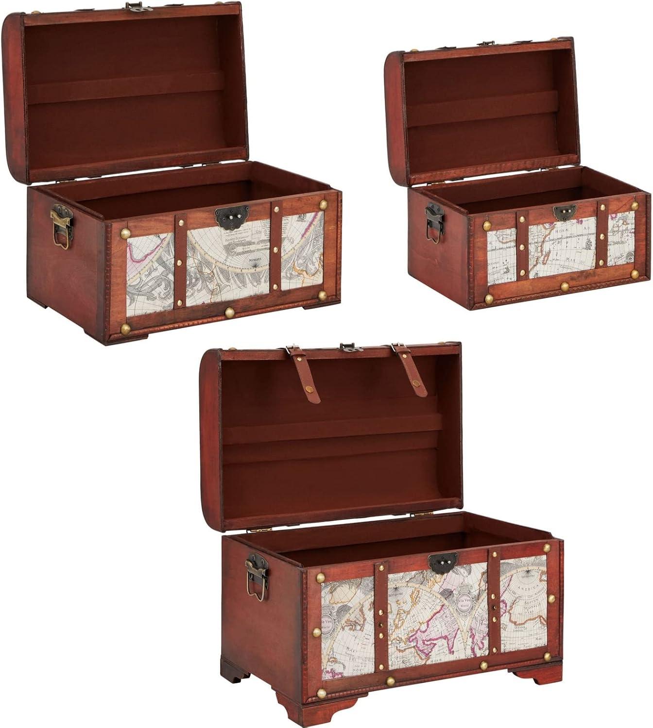 Juvale Set of 3 Small Wooden Storage Trunks and Chests, Living Room Décor Suitcases with Antique Map Print for Jewelry, 3 Sizes