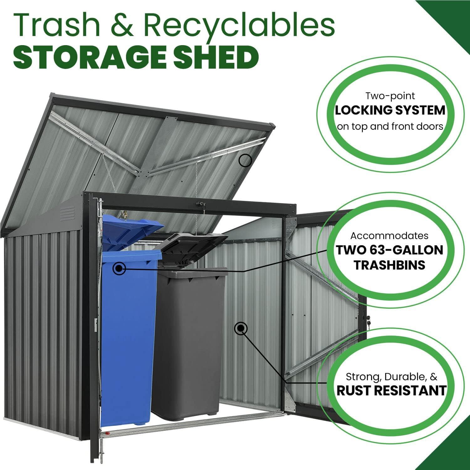 Hanover Trash and Recyclables Storage Shed | Pent Roof | Galvanized Steel | 2-Point Locking System | Stores 2 Trash Cans | 3.3-Ft. x 5.2-Ft. x 4.4-Ft. | Dark Gray | HANBINSHD-GRY