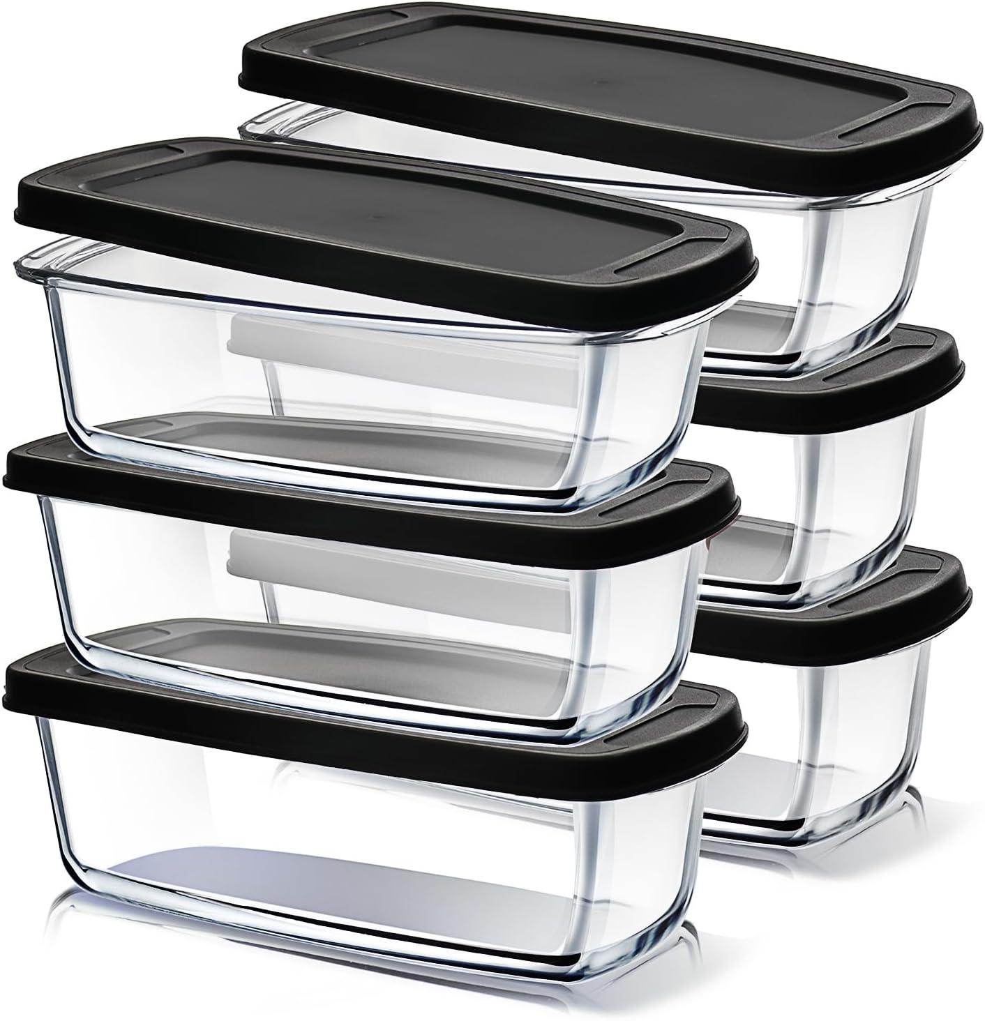 Black Rectangular Glass Food Storage Containers with Lids, Set of 6