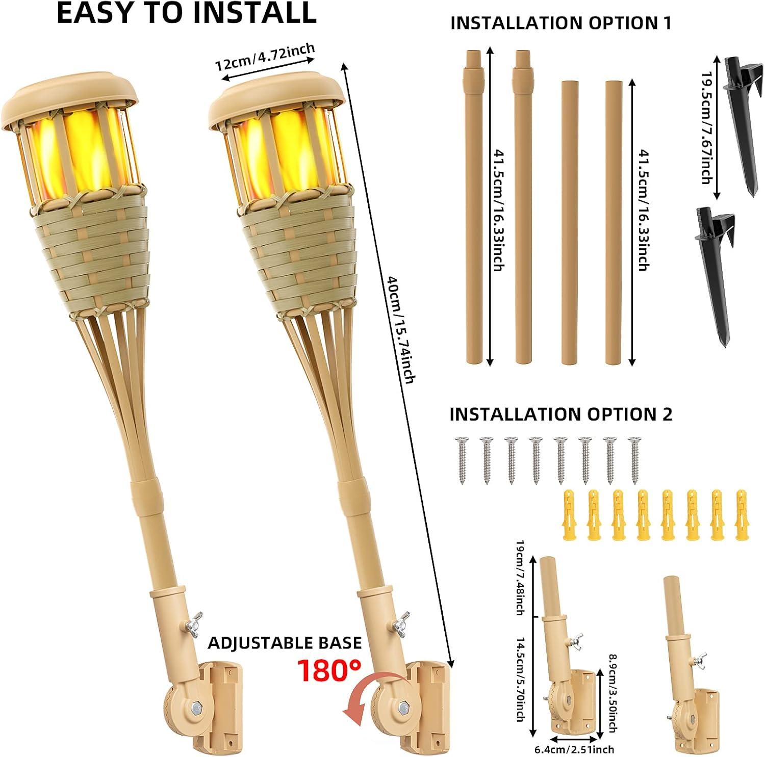 Solar Powered Bamboo LED Pathway Torches with Flickering Flames