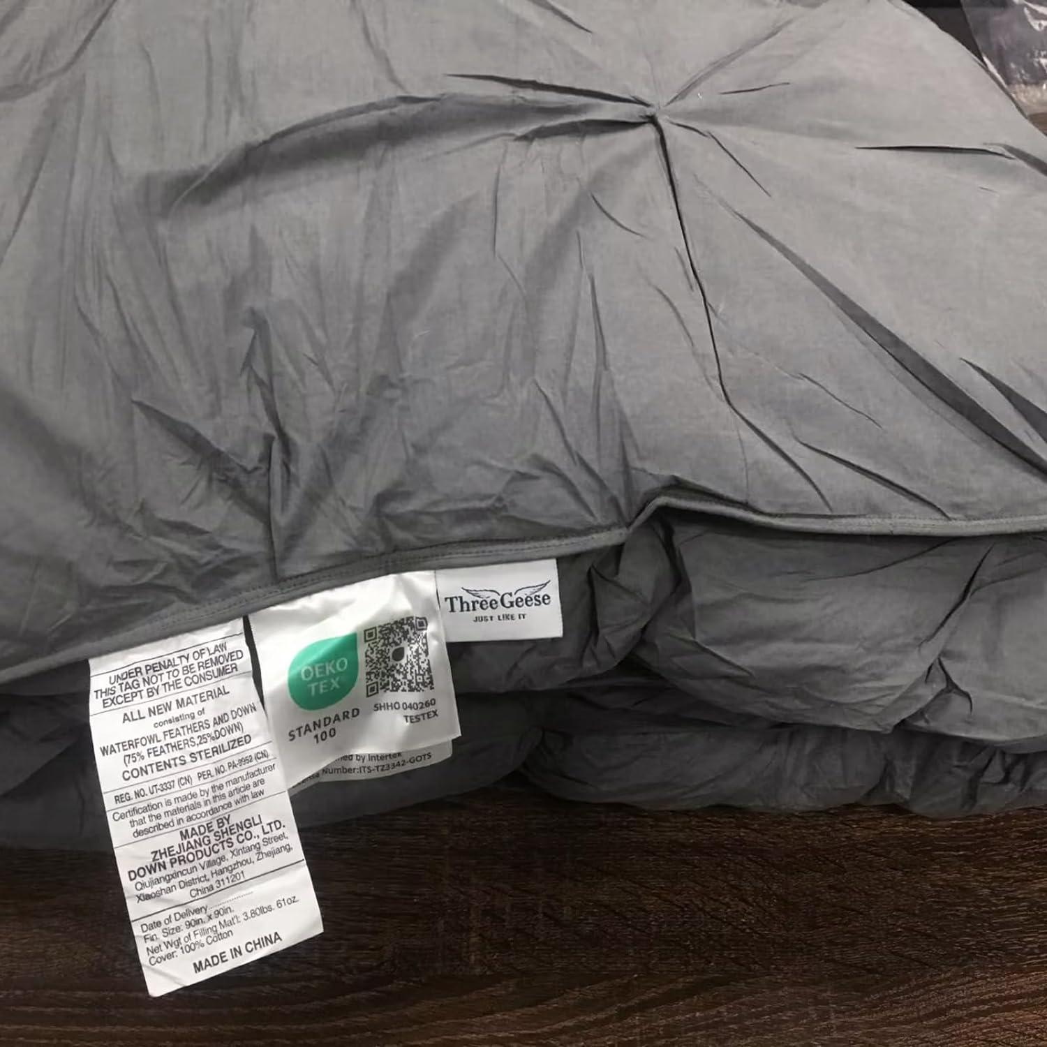 Three Geese Pinch Pleat Waterfowl Feathers and Down Comforter Queen Size Duvet Insert,750+ Fill Power,1200TC 100% Cotton, Premium All Seasons Pebble Grey Warm Hotel Comforter with 8 Tabs.