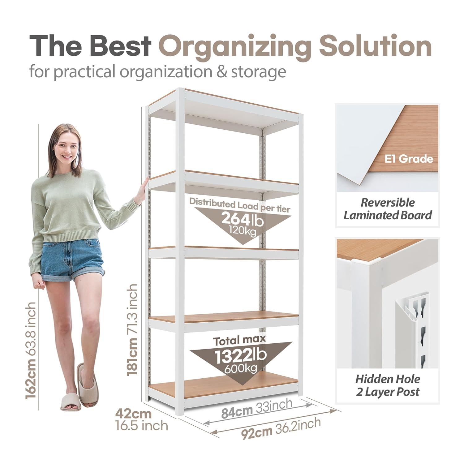 HOMEDANT White Pantry Shelving Units 5-Tier Metal Kitchen Storage Shelves,  36.2"W x 16.5"D x 71.3"H