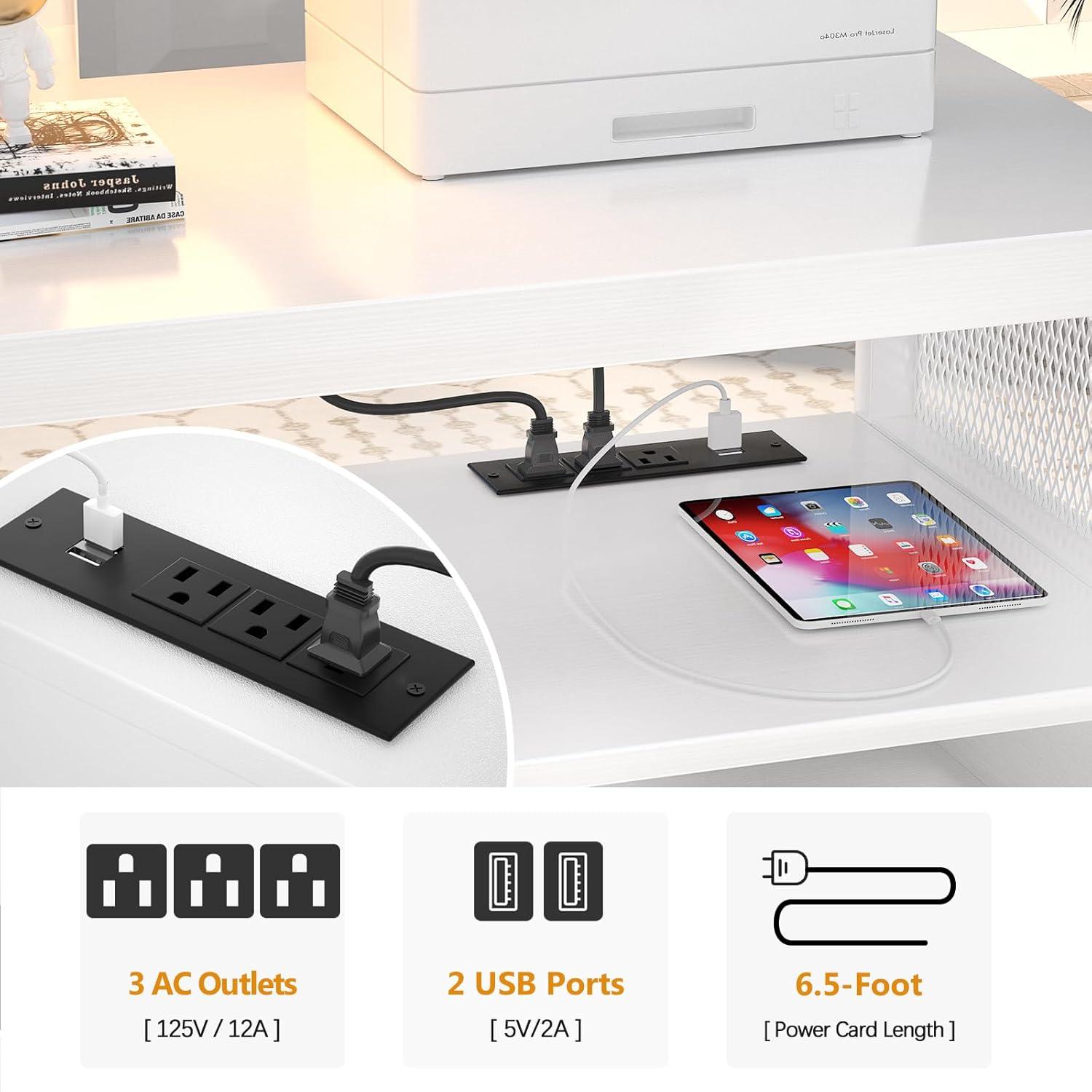 Unikito Rolling File Cabinet Lateral Office Filing Cabinets with Socket and USB Charging Port, Modern Printer Stand on Wheels, Printer Cabinet with Door and Open Storage, Lockable, White