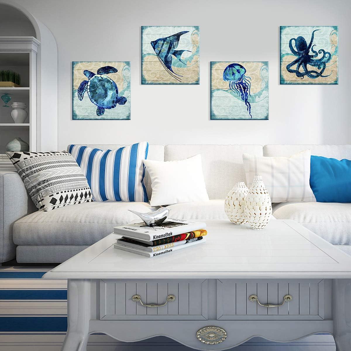 Navy Blue Bathroom Beach Decor Ocean Animals Wall Art Kids Nursery Room Paintings Canvas Rustic Sea Turtle Octopus Jellyfish Fish Pictures Artwork for Bedroom Living Room Home Decorations 16x16” 4Pcs