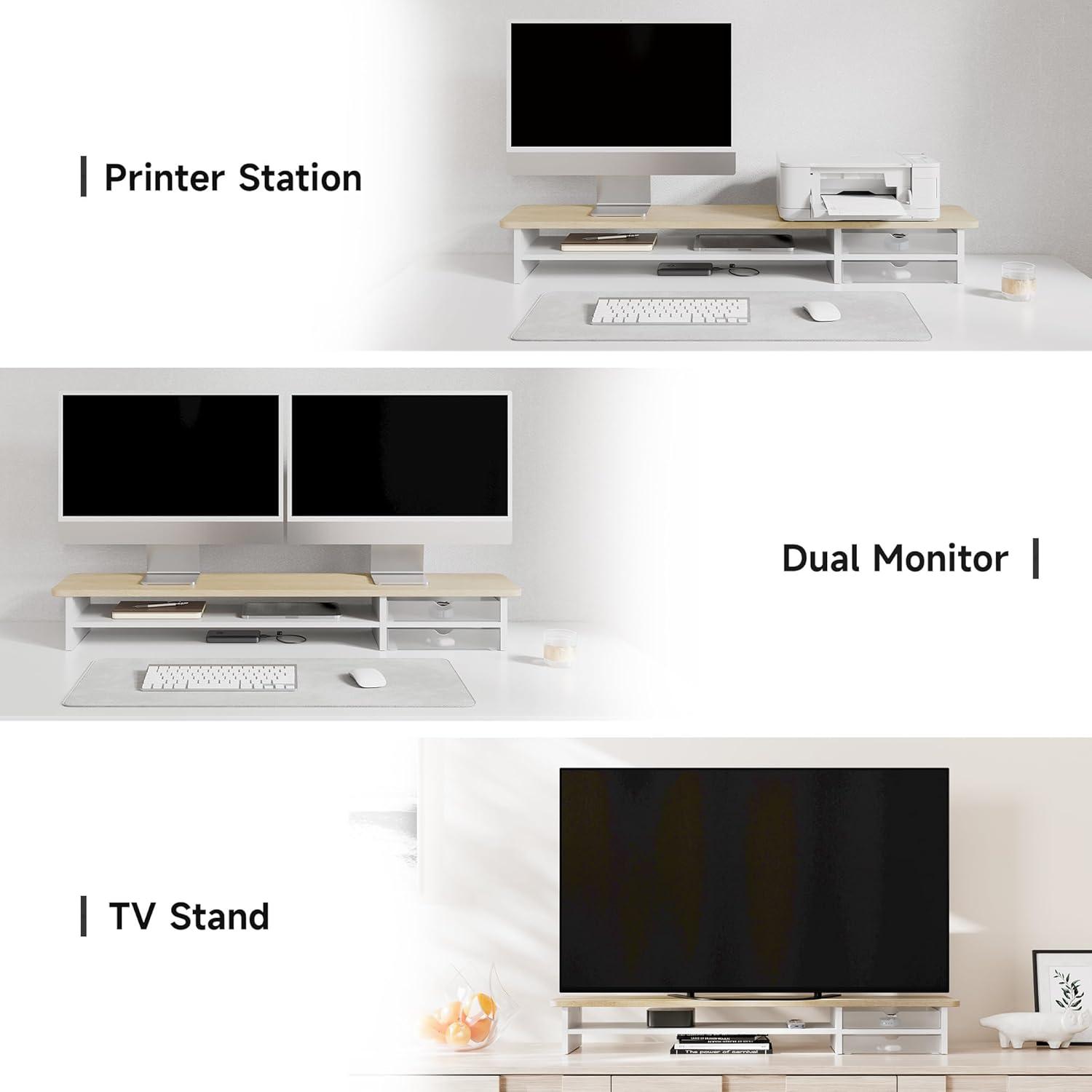 Oak and White Dual Monitor Stand with Drawers