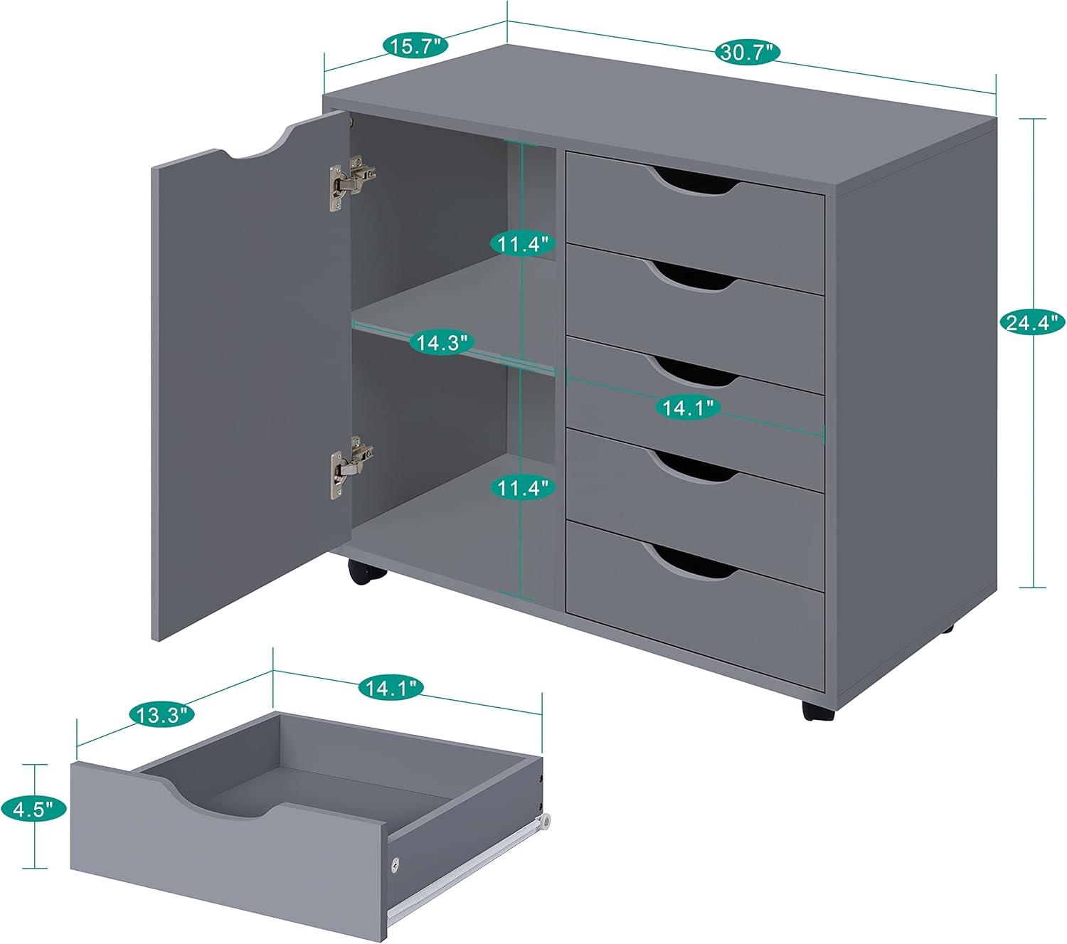 5 Drawer Dresser, Tall Dressers for Bedroom, Kids Dresser with Wheels, Storage Shelves with Drawers, Small Dresser for Closet, Makeup Dresser with 180 lbs Capacity - Grey