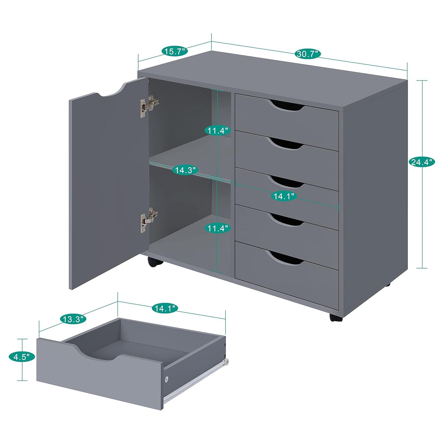 5 Drawer Dresser, Tall Dressers for Bedroom, Kids Dresser with Wheels, Storage Shelves with Drawers, Small Dresser for Closet, Makeup Dresser with 180 lbs Capacity - Grey