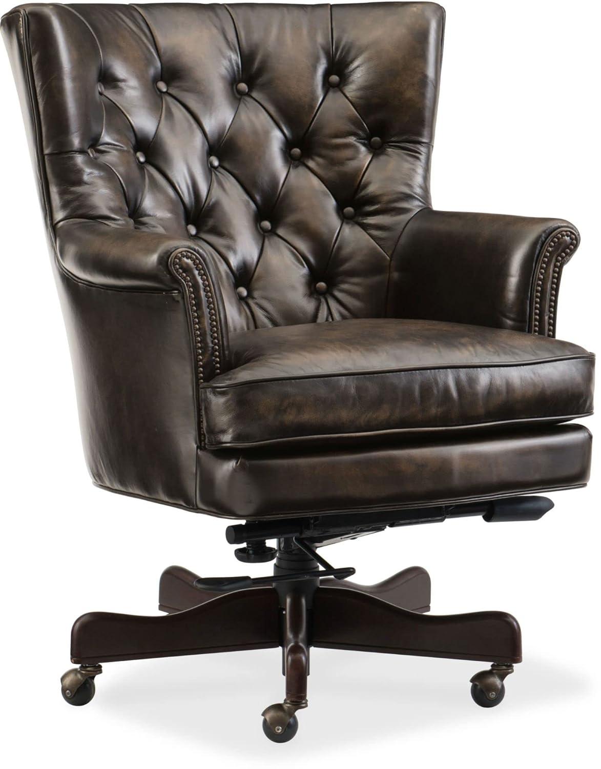 Traditional Brown Leather Swivel Executive Chair with Wood Base