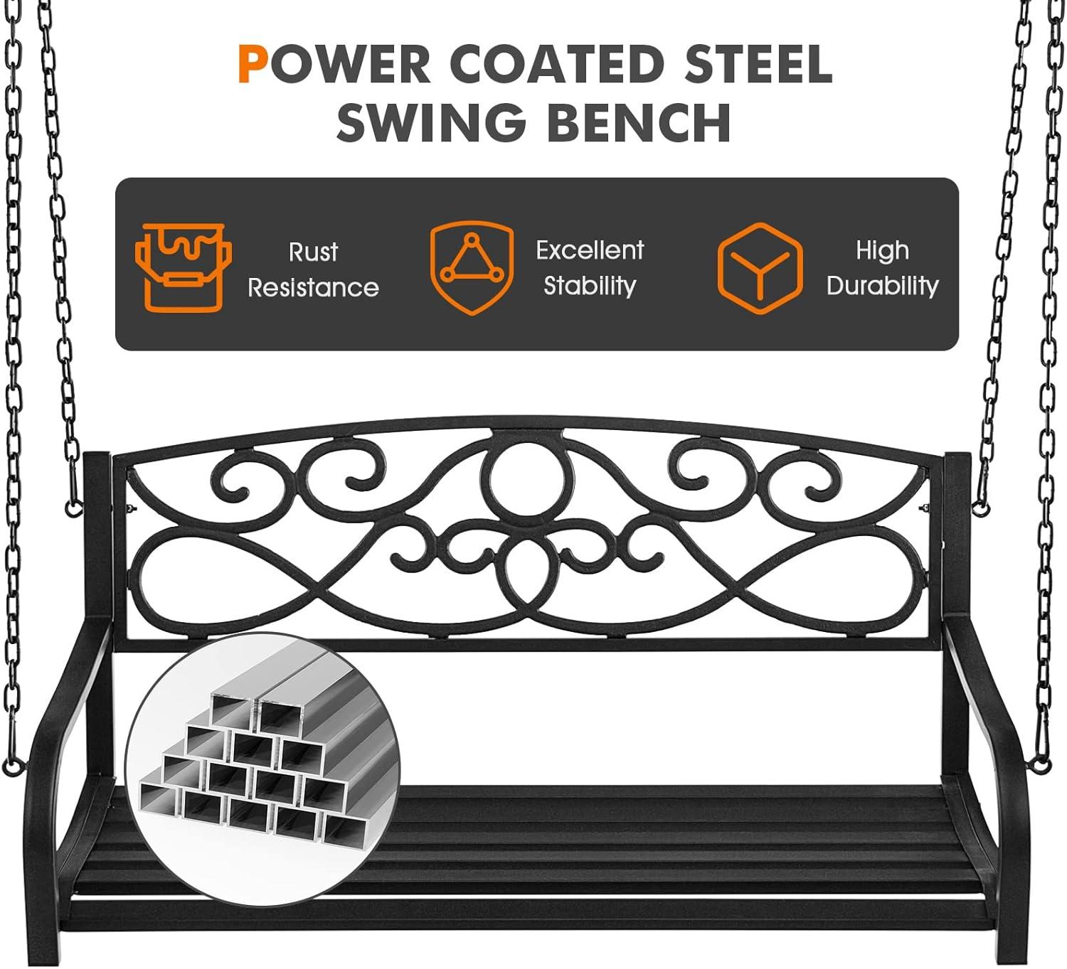 Black Metal 2-Person Hanging Porch Swing with Chains and Armrests