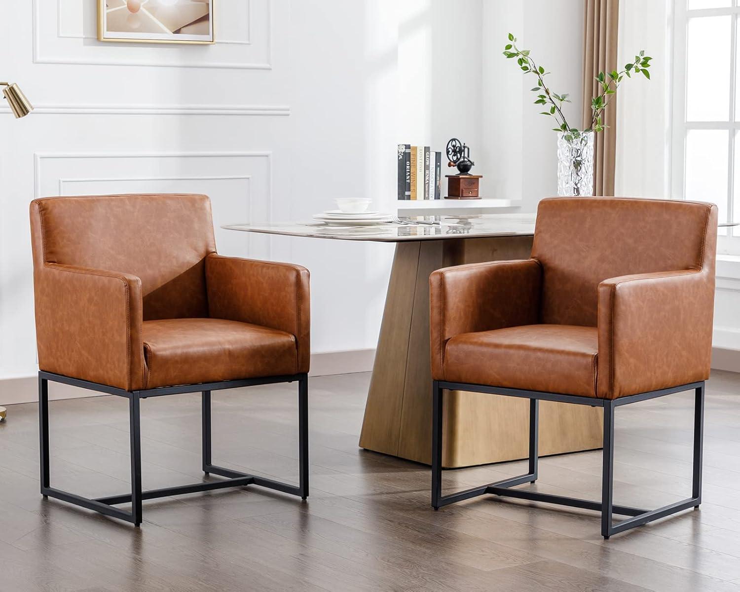 Guyou Modern Dining Chair Set of 2, Faux Leather Upholstered Side Chair with High Back and Metal Frame for Living Room Dining Room, Brown