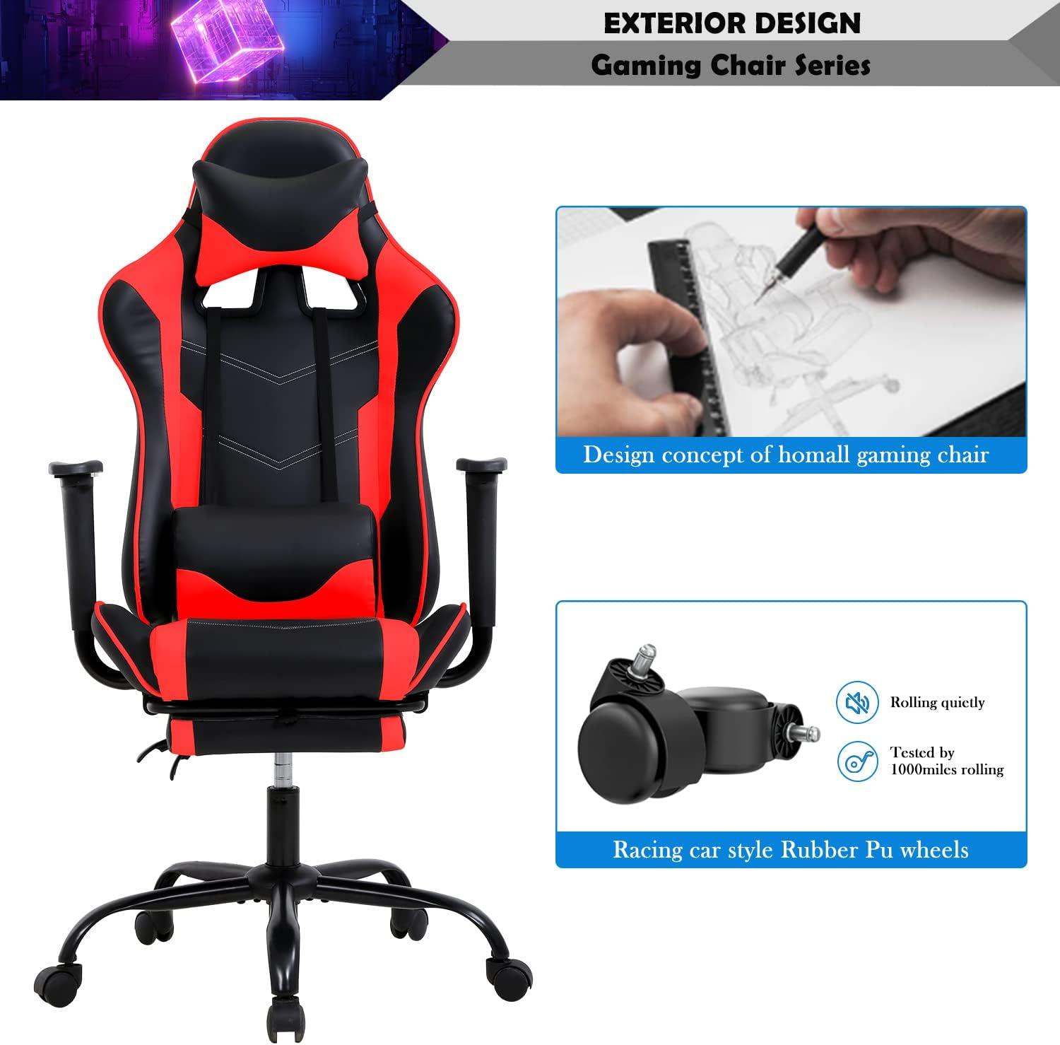 Gaming Chair Racing Office Computer Game Chair Ergonomic Desk Chair with Headrest Lumbar Support, High Back Gamer Office Chair Recliner Video Game Chairs for Kids or Adults,Red