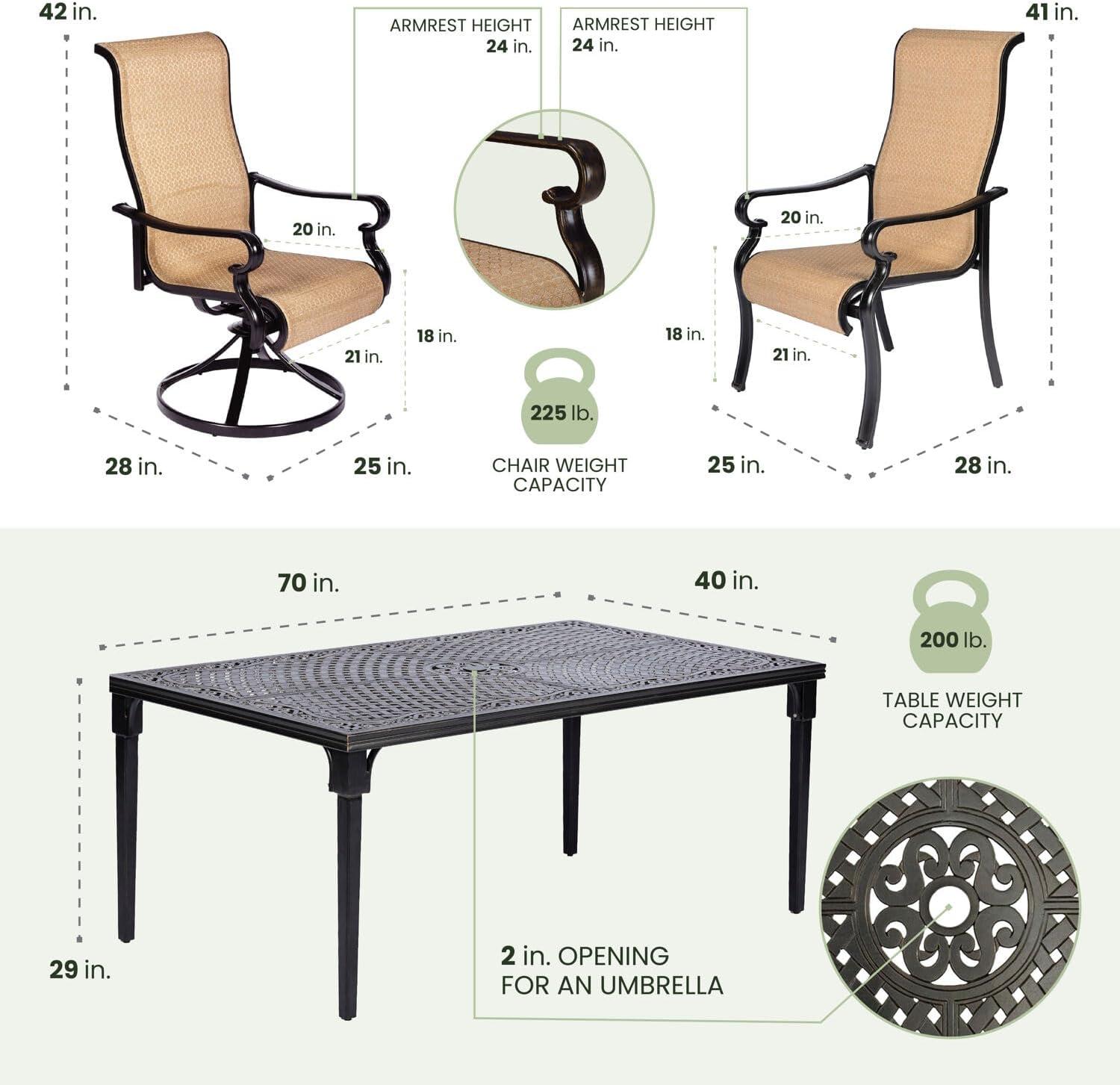Hanover Brigantine Juego de Comedor Moderno para Exteriores de 7 Piezas / 4 Sillas con Cabestrillo, 2 Balancines Giratorios / Mesa con Tapa de 40'' x 70'' / Clima, Xido, Resistente a UV / Bronceado / BRIGDN7PCSW-2