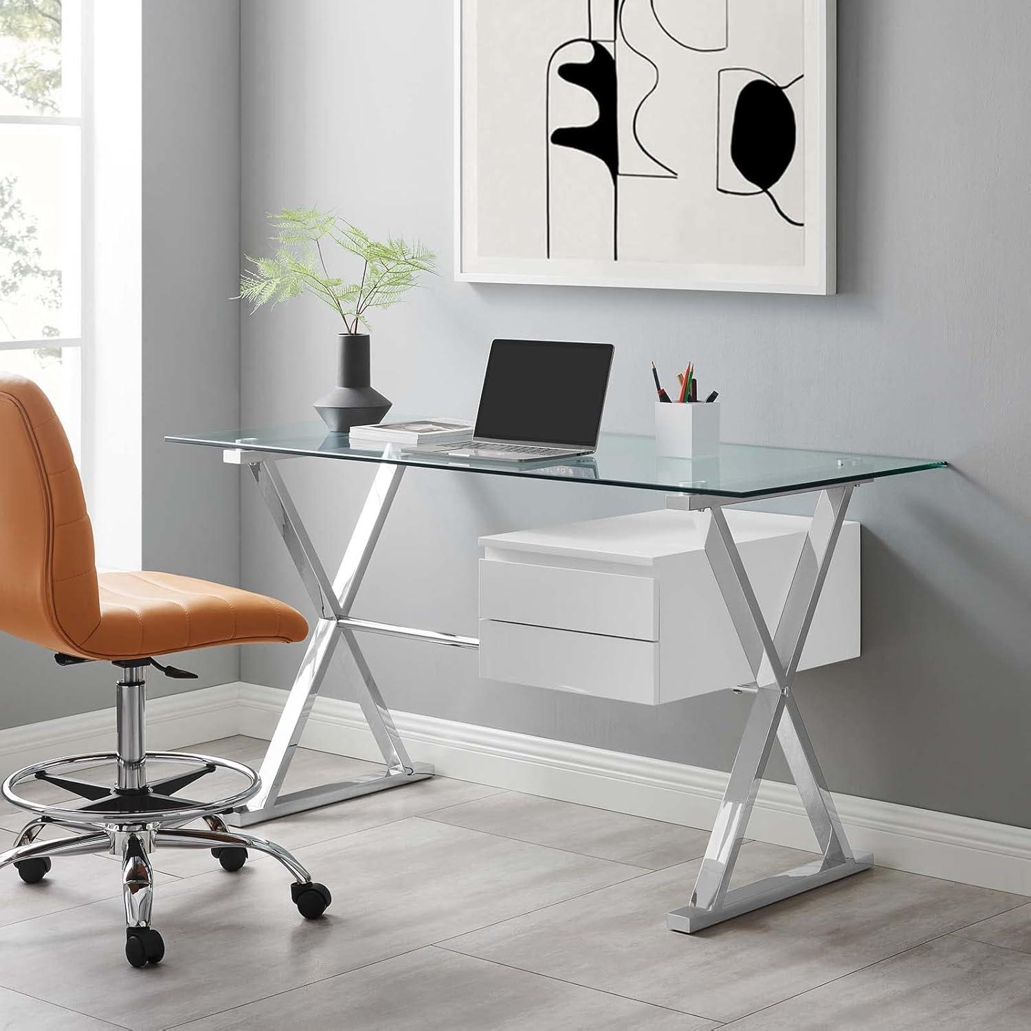 Sector 56" White Glass Top Office Desk with Drawer