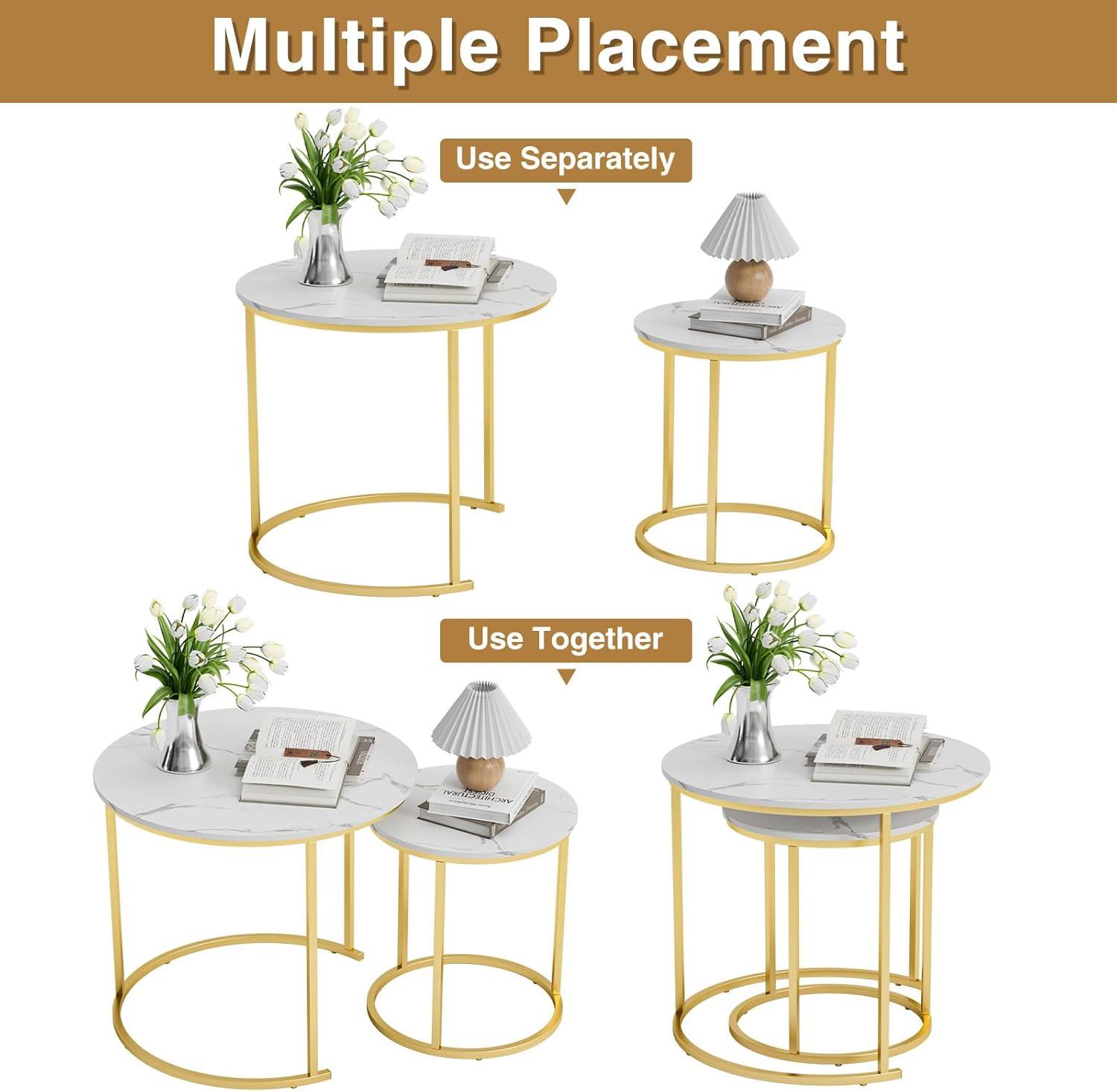 Yesfashion Nesting Coffee Table Set Of 2, 27.6" Round Coffee Table Wood Top With Sturdy Metal Frame, End Table Side Tables For Living Room Bedroom Balcony Yard