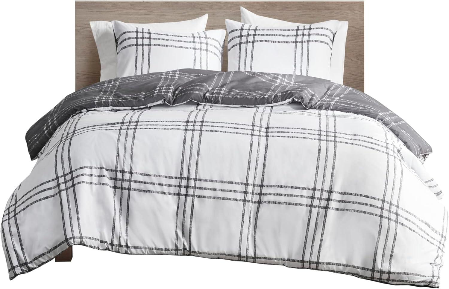 King Gray Microfiber Reversible Plaid Duvet Cover Set