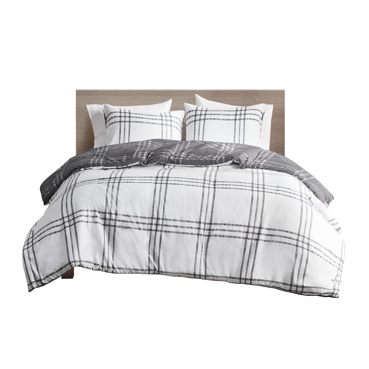 King Gray Microfiber Reversible Plaid Duvet Cover Set