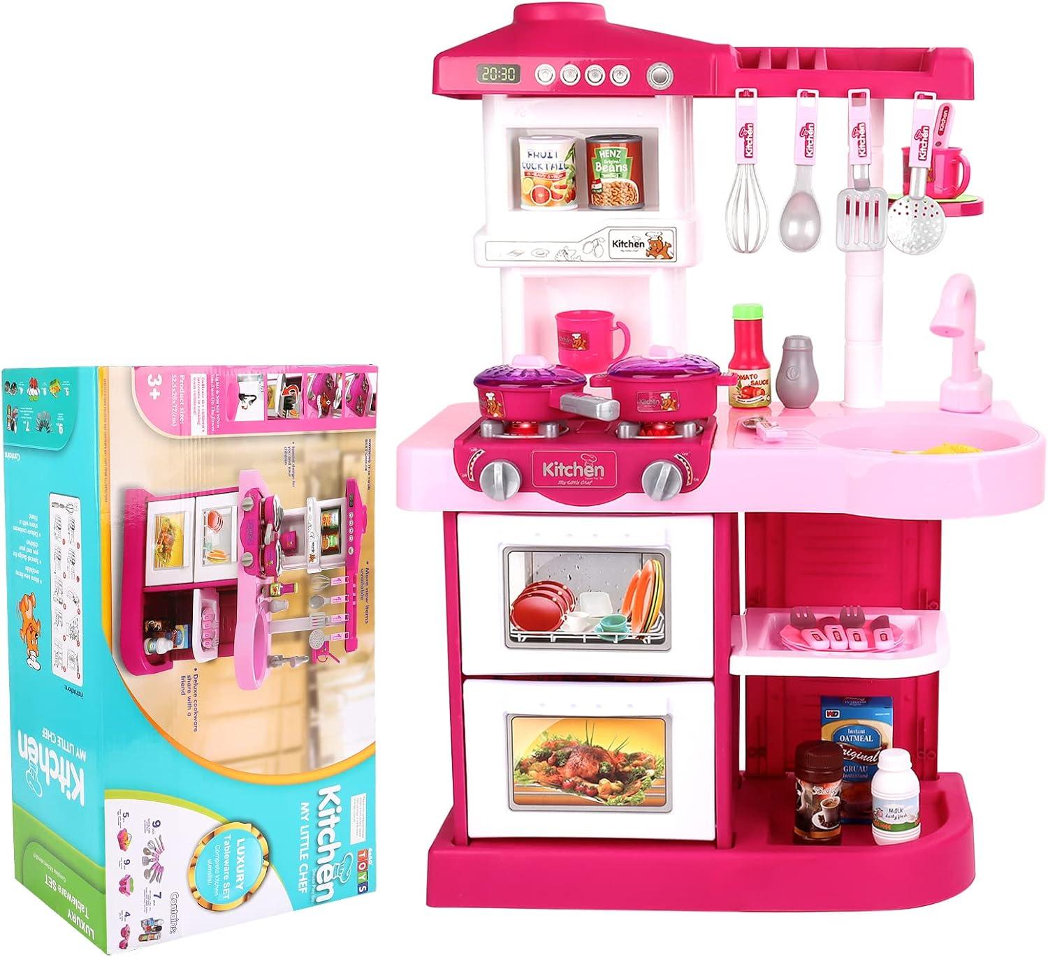 Wellsay Kitchen Playset Toy Pretend Food with Sounds and Lights Role Playing Game Pretend Food Playset for Toddlers,Pink