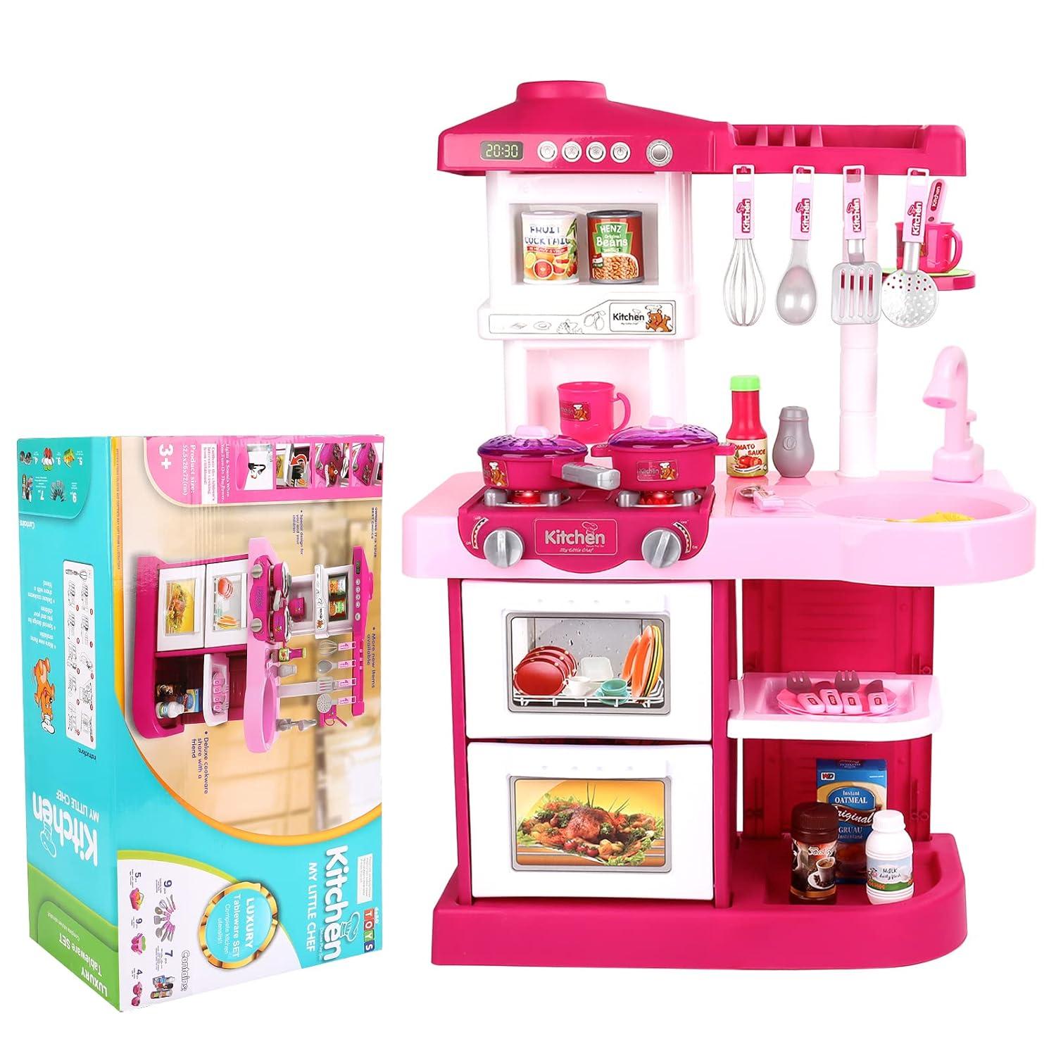 Wellsay Kitchen Playset Toy Pretend Food with Sounds and Lights Role Playing Game Pretend Food Playset for Toddlers,Pink