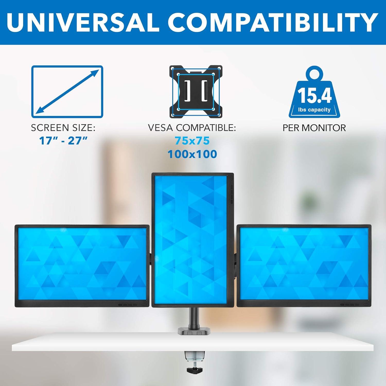 Mount-It! Triple Monitor Mount - 3 Monitor Stand for Gamers and Professionals Fits Curved or Flat Screens from 17 to 27 Inches, 15 Lbs per Screen